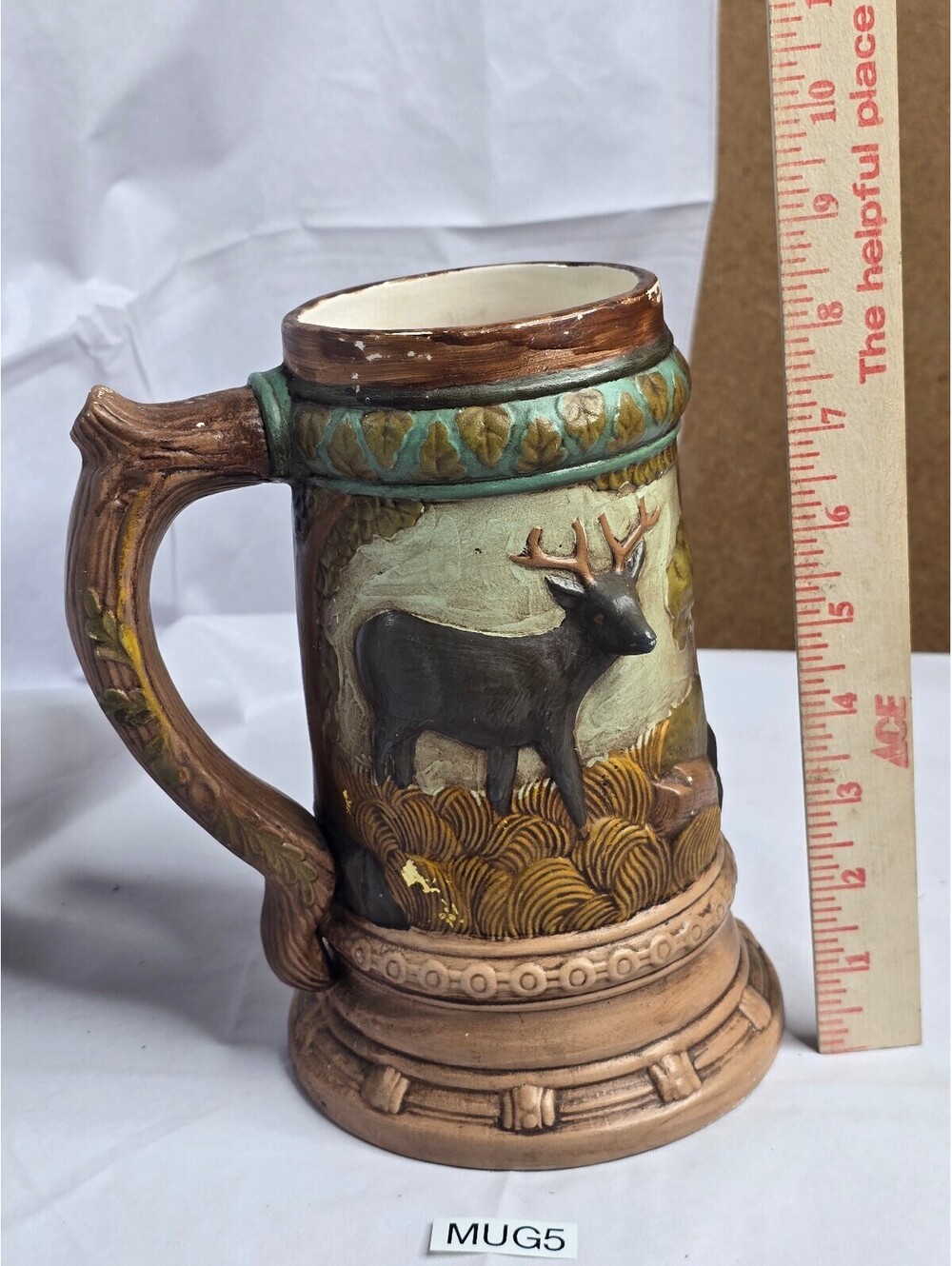 Vintage Hand-Painted Ceramic Beer Stein Mug, Deer & Hunter Relief 8.5"